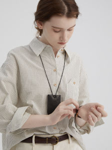 LBAORAW Beige Texture Long Sleeve Striped Casual Loose Shirt Womens Autumn Flip Collar Button up Cotton Fashion Top