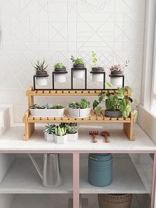 LACCOHUG Bamboo Desk Flower Rack 1/2 Tiers Wood Indoor Balcony Rak Bunga Untuk Meja Yang Murah Flower Potted