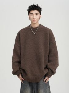 Áo Len Cổ Tròn Dài Tay Phong Cách Mỹ Cổ Điển Màu Nâu Cà Phê Cho Nam Mùa Thu Đông Màu Trơn Đa Năng Thường Ngày Lười Biếng Mặc Trong