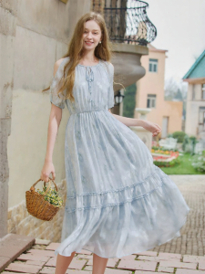XIANGYING | French Style Polka Dot Off-shoulder Bubble Sleeve Dress
