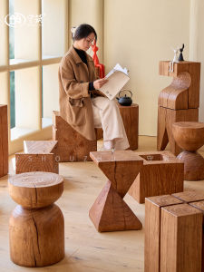 Rustic Wood Tea Table Hotel Bed And Breakfast Wooden Stool Root Carving Coffee Table Living Room Side Table round Chair