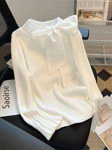 Áo Len Dệt Kim Tay Dài Cổ Cao Kiểu Pháp Thắt Nút Bướm Cho Nữ Mùa Xuân Thu Tay Áo Phồng Thời Trang