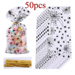 50/100/200pcs Halloween Spider Cellophane OPP Flat Bags - Black Clear Transparent Gift Bags with Twist Ties for Party Supplies