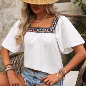 Summer Women Embroidery T-Shirt Short Sleeve Square Collar Crops Tops Clothing Y2k Vintage Casual Loose All-Match T Shirt Tees
