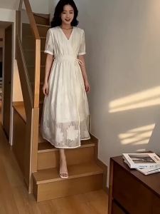 XMO | Slim V-Neck Floral Print White Dress Short Sleeve Long Dress for Plus Size