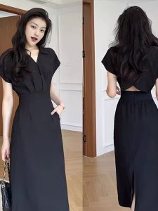 Slimming Black Dress Womens Summer Fashion Design Sense Hollow out Waist-Cinching Pear Shape Body Slimming Korean Style Dress