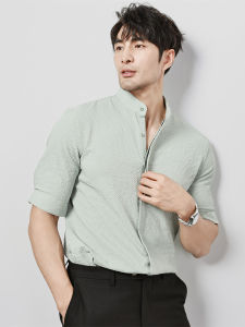 New Chinese Style Ice Silk Mens Shirt mid Sleeve Summer Thin Breathable Bubble Cloth Casual Business Stand Collar Shirt