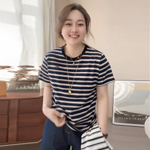 plus Size Fashionable Striped Color Block round Neck Short Sleeve T-Shirt Women Summer Loose Concealing Slimming Attractive Top