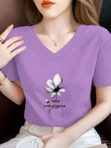 เสื้อยืดแขนสั้นผ้าฝ้ายแท้สีม่วงทรงเข้ารูปสำหรับผู้หญิงในช่วงฤดูร้อนปี 2023 เสื้อยืดแฟชั่นทรงสลิมฟิต ทรงหลวม แขนสั้น