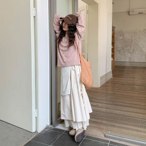 Women Pink Round Neck Striped Long Sleeve T-Shirt Loose and Comfortable Fall