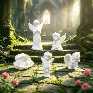 5PCS Angel Resin Figurines White Miniature Statues Desk Decoration Ornaments DIY Craft Accessories for Micro Landscape Decor