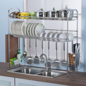 Stainless Steel Kitchen Sink Drain Rack Dish Drainer Holder Utensils Storage Shelf No Drilling Required Two Layers Plate Bowl Holder