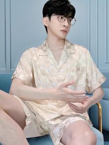 Ice Silk Sleepwear Set Mens Summer New Loose Casual Home Clothes Short Sleeve Shorts Satin Comfortable Breathable Nightgown