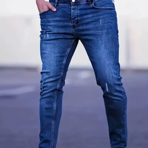 Mens Slim Fit Stretch Denim Jeans with Ripped Detail & Contrast Stitching Fashion Streetwear Casual Trousers for Daily Wear