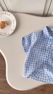 Áo sơ mi họa tiết caro xanh tay ngắn cho bé trai đi chơi đi biển size 9kg tới 27kg BERNIE T0326A01Đ