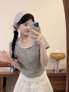 Áo Thun Tay Ngắn Ren Giả Hai Mảnh Mùa Hè Cho Nữ Áo Thun Cotton Ôm Vừa Vặn Cổ Tròn Tay Ngắn Họa Tiết Ngôi Sao Nút