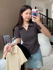 Plus Size Plus Size Ladies Work Clothing Pure Color Polo Collar Short Sleeve T-shirt Womens Summer French Minority Unique Chic Shoulder Tops