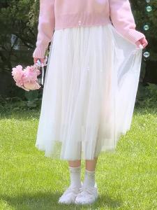 HEYINI | Chân Váy Tulle A-Line Đai Cao ren Trắng