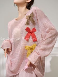 Design Pink Bow Long Sleeve Round Neck Knitted Sweater