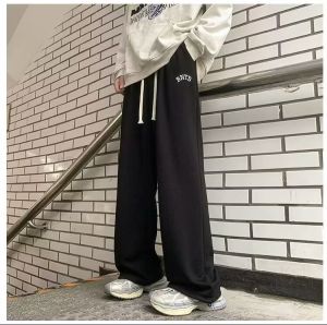 Extra Large Size Mens Casual Pants Autumn Loose Fit Sporty Long Trousers Trendy Harajuku Style Printed Straight Leg Trousers