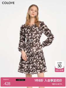 Colove Vintage Floral Print Long Sleeve round Neck Womens Dress Autumn New Style Chiffon Skirt A-Line Short Dress