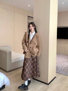 Preppy Style Dress Autumn Winter Japanese Style Maillard Wear Match Fancy Sweater Skirt Two-piece Set