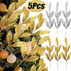 5Pcs Artificial Glitter Leaves Gold Silver Olive Leaves DIY Xmas Tree Ornament Simulated Branches Fake Plants Christmas Home Wedding Party Decor
