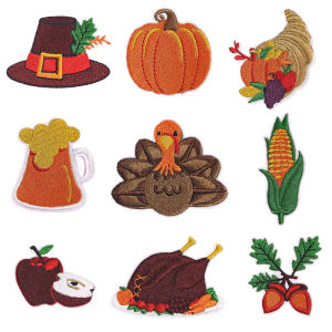 Thanksgiving Harvest Themed Iron-On Embroidery Patch Cartoon Turkey Beer Apple Pumpkin Design Fabric Sticker DIY Sewing Accessories