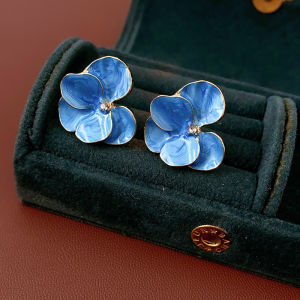 Vintage Blue Dripping Oil Flower Stud Earings for Women Inlaid Rhinestone Smuding Petal Ear Studs Party Daily Charms Бижутерия N