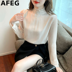 AFEG solid color Korean version stand collar fashion loose temperament chiffon long-sleeved blouse for women
