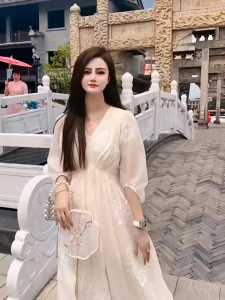 Fashionable New Chinese Style Bubble Sleeve Tea Break Long Dress Womens Summer Slimming High Waist Match All Dresses