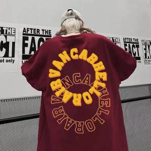 Nguyên Chất 100% Cotton Nặng Áo Thun Nữ Tay Ngắn Dành Cho Nam Và Nữ Mỹ Dáng Rộng Mùa Hè Cam 2 Vòng Tròn Tay Lửng Thanh Niên Hợp Thời Trang Nam Quần Áo