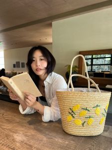 Lemon Tree Summer Handcrafted Embroidered Large Capacity Straw Bag Beach Vacation Handheld Natural Material Ladies Tote
