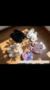 Womens Fluffy Cross Strap Fur Slippers Lightweight Soft Warm Plush House Slippers Woman Autumn Winter Flat Indoor Fuzzy Slides
