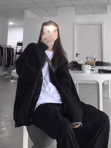 เสื้อสเวตเตอร์ถักสีดำหลวมๆ แฟชั่นฤดูใบไม้ร่วง/ฤดูหนาว เสื้อคาร์ดิแกนถักแบบเปิดคอวีสำหรับผู้หญิง เสื้อคลุมกันหนาวแบบลำลอง