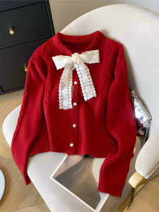 เสื้อคาร์ดิแกนถักแขนยาวผู้หญิงสีแดง 2025 ฤดูใบไม้ผลิและฤดูใบไม้ร่วง แขนสั้น คอตั้ง ผ้าฝ้ายผสมขนสัตว์ ปกติ