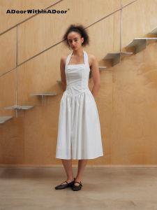 Elegant High Waist A-Line Dress Hanging Neckline Sleeveless Long Waistline Zipper Backless Cotton Summer Casual Dress