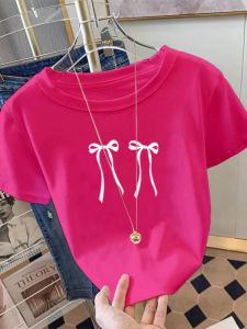 Pure Cotton Slim Fit round Neck Short Sleeve T-Shirt Womens Spring Summer New Style Small Size Butterfly Knot Top