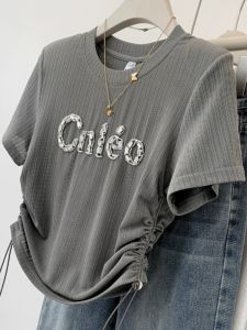 Shanghai Hong Kong Style Diamond Embedded Drawstring Short Sleeve T-Shirt Womens Summer Fashion Design Heavy Embellishment