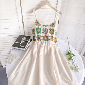 Fashionable Sweet and Spicy Knit Dress with Hollow Square Design Womens Mid-Length A-Line Skirt for Summer New Arrival