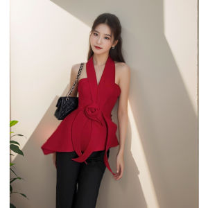 Chic Design Red Small Fragrant Style Neck Hanging Tank Top Womens Wear
