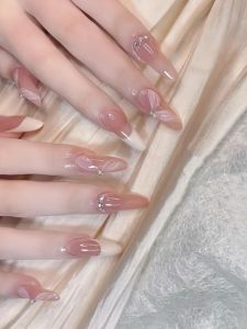 Manxisi Handmade Wearable Nail Stickers Nude French Butterfly Ribbon Diamond Nail Art Detachable Bridal Nail Pieces