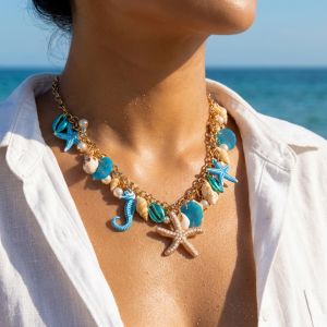 Boho Starfish Shell Conch Pendant Necklace for Women Trendy Pearl Seahorse Beaded Metal Chain Choker Summer Beach Party Jewelry