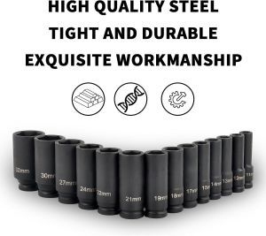 1/2" Drive Deep Impact Socket Set Drive Metric Wrench Black Socket Deep Impact Socket Pneumatic Wrench Head Tire Removal Tools