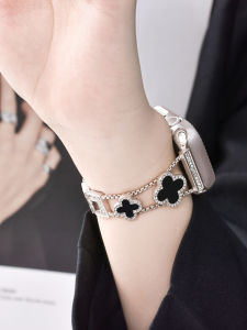 สายนาฬิกาข้อมือ Apple Watch สายโลหะแบบบางสำหรับผู้หญิง สไตล์ฤดูร้อน สายรัดข้อมือเพชรเทียมสีเขียวสี่ใบ ดีไซน์แฟชั่น