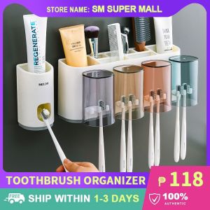 【No Drilling】Toothbrush Organizer Holder with Toothpaste Dispenser Set Wall Mounted Bathroom Storage Rack Supplies