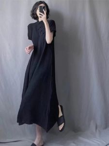 Cotton Linen Handmade Womens Summer Dress with Stand Collar A-Line Skirt for Spring Summer Autumn Handmade Changes to Qipao