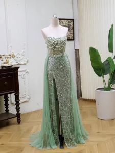 MisShow Luxury Beaded Evening Dresses Strapless Sweetheart Collar Sequins Mermaid Dress Lace-up Backless Sheer Split Train Gowns