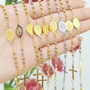 Vnox Trendy Beads Chain Bracelet For Women Stainless Steel Cross Hand Virgin Mary Faith Jewelry Charm Bracelets Gifts To Girls