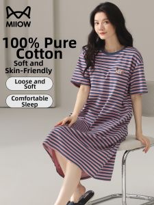 MiiOW | Summer Lightweight Pure Cotton Short Sleeve Medium Long Striped Comfortable Sleep Dress